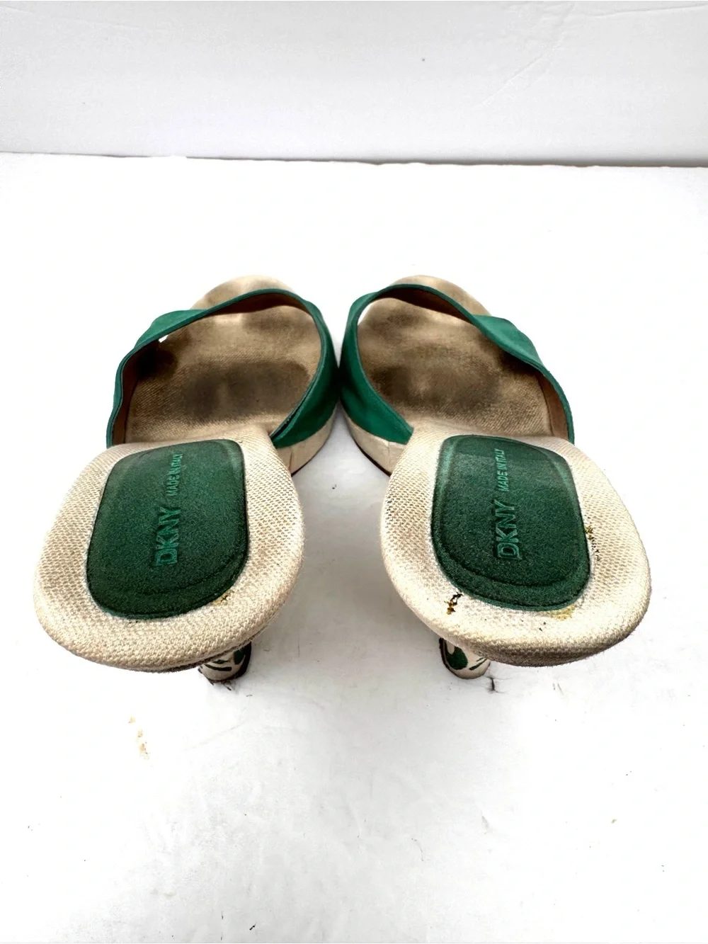 DKNY green suede peep toe wedges, made in Italy, size 8.5